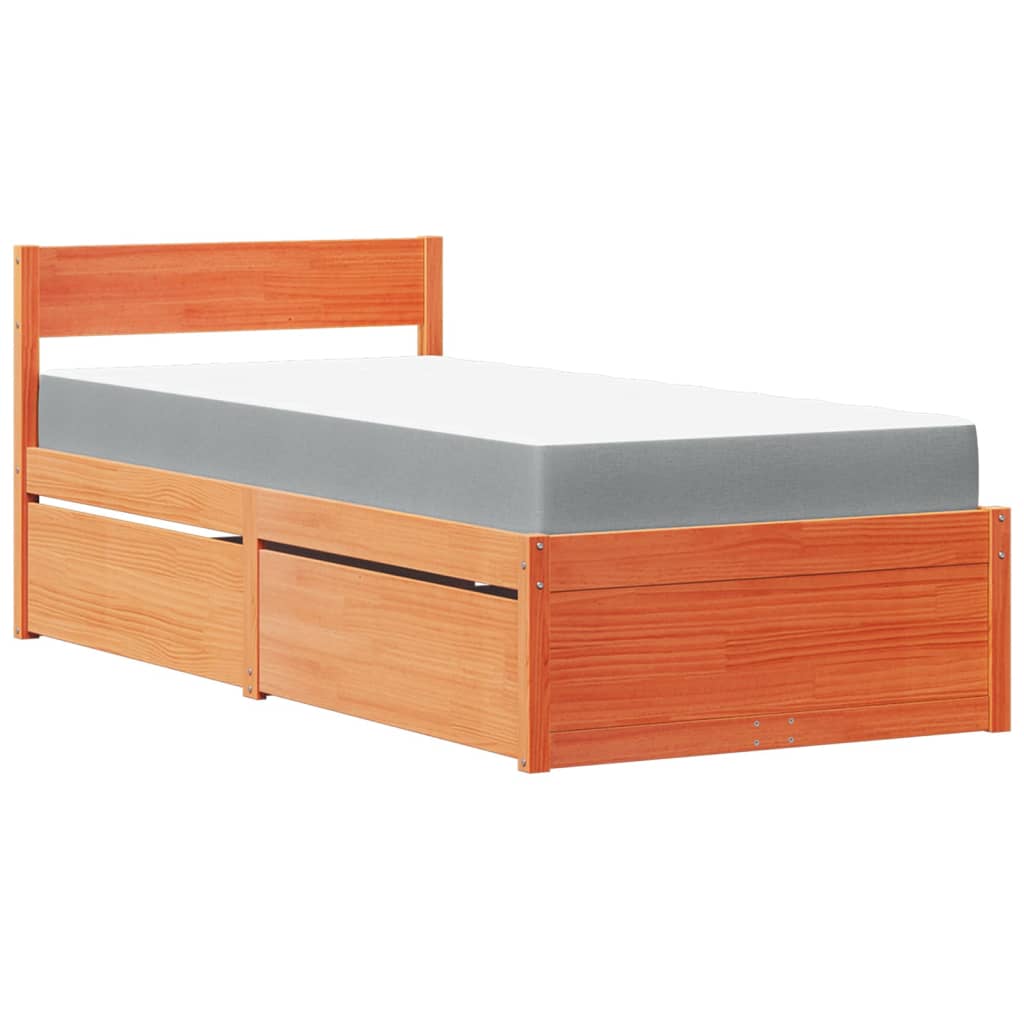 Lit avec tiroirs/matelas cire marron 100x200 cm bois massif pin