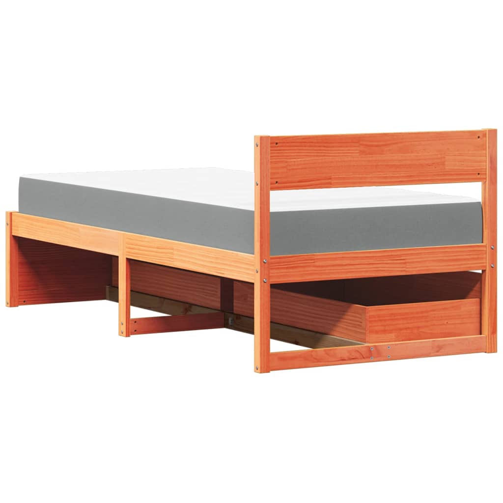 Lit avec tiroirs/matelas cire marron 100x200 cm bois massif pin