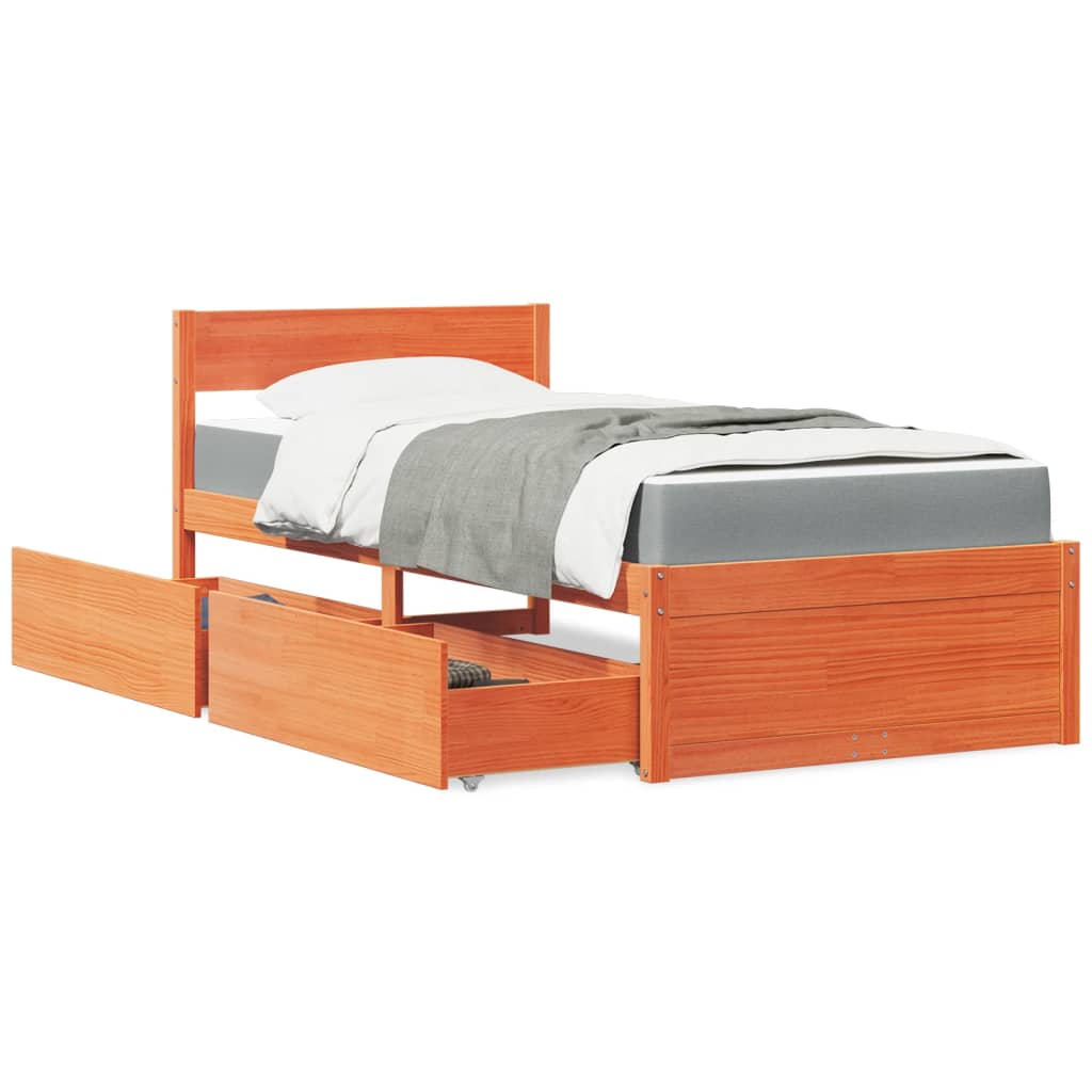 Lit avec tiroirs/matelas cire marron 100x200 cm bois massif pin