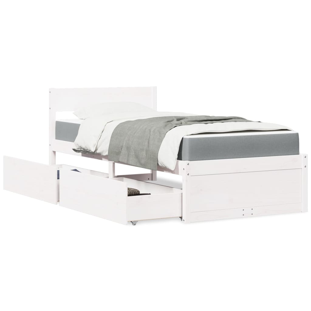 Lit avec tiroirs et matelas blanc 90x200 cm bois massif de pin