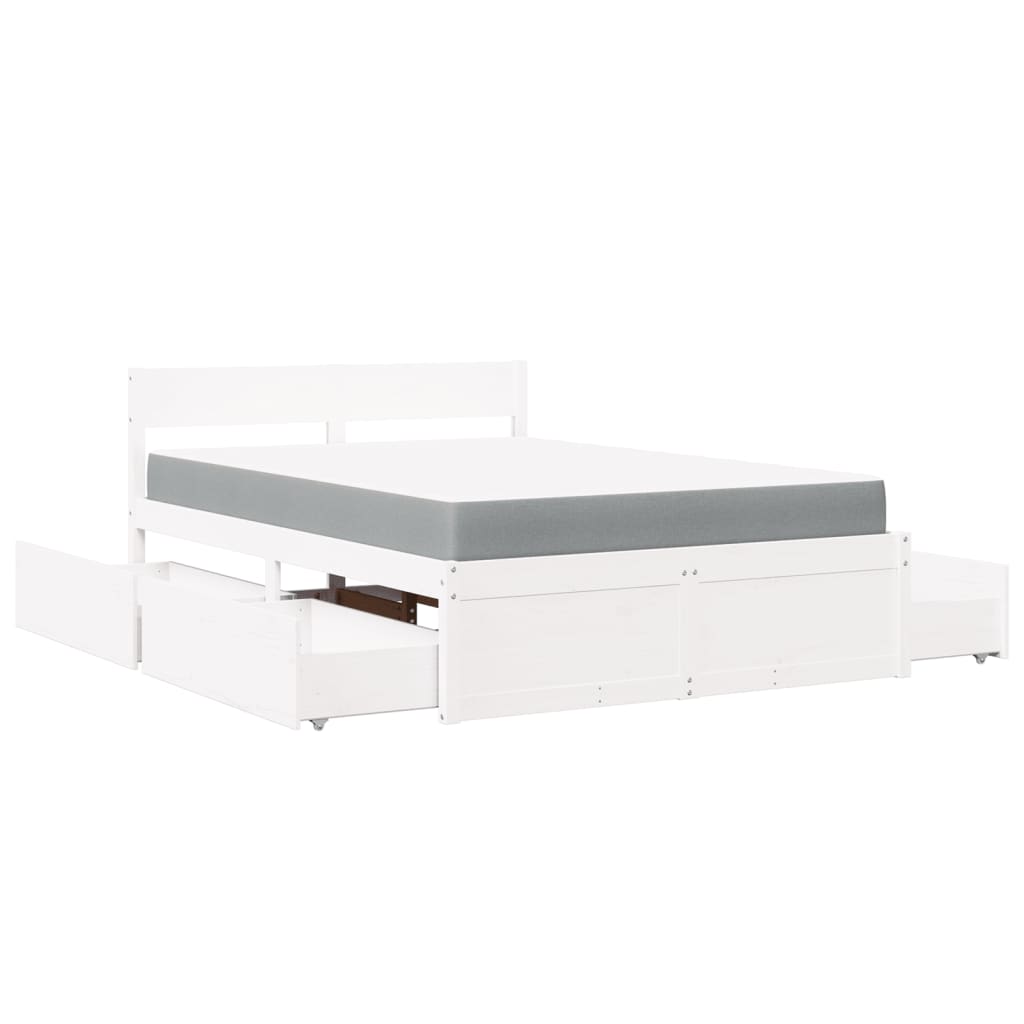 Lit avec tiroirs et matelas blanc 140x190 cm bois massif de pin