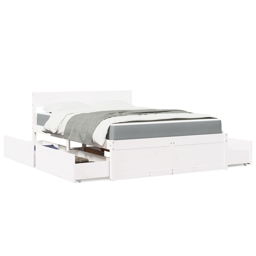 Lit avec tiroirs et matelas blanc 140x190 cm bois massif de pin