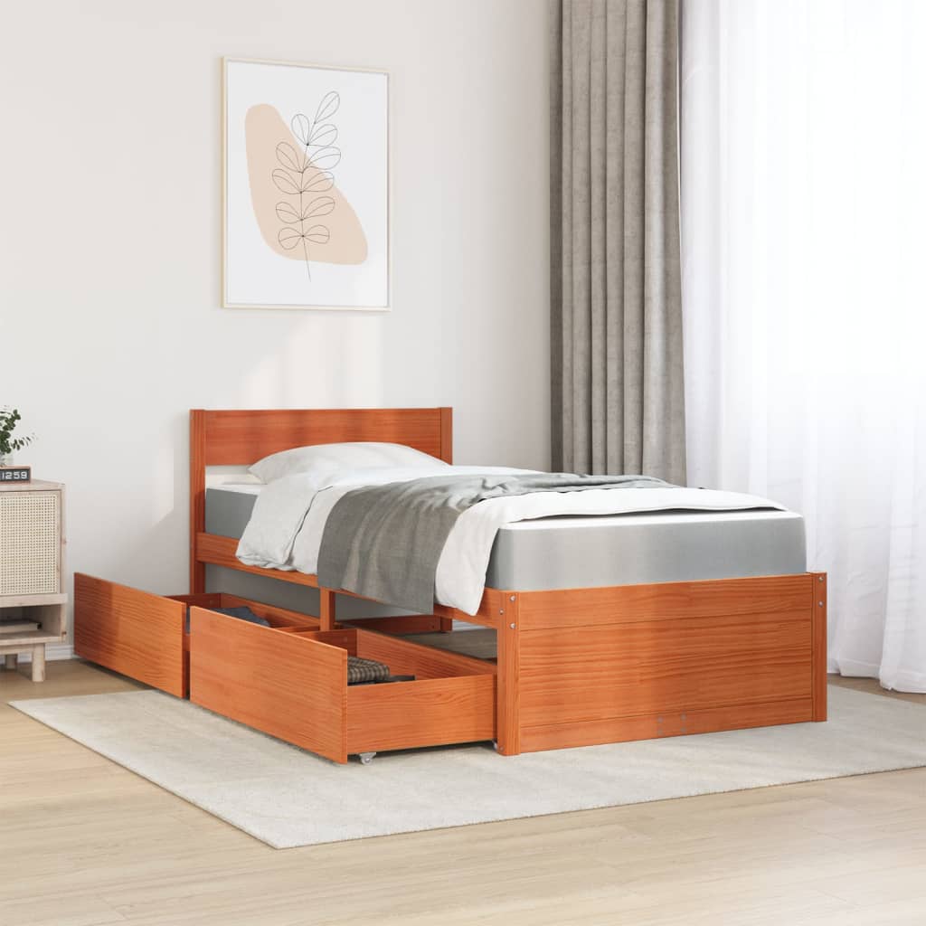 Lit avec tiroirs/matelas cire marron 90x190 cm bois massif pin