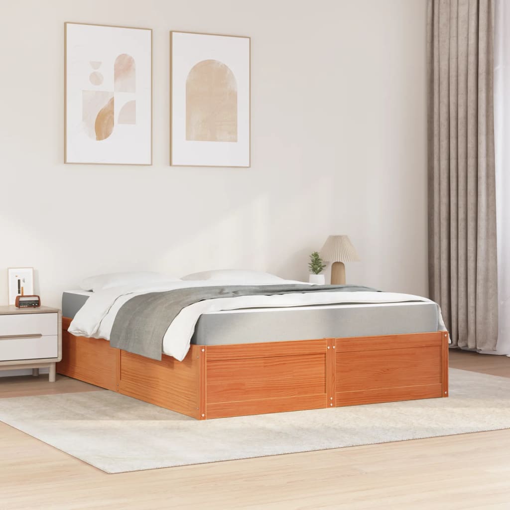 Bed with brown wax mattress 160x200 cm solid pine wood