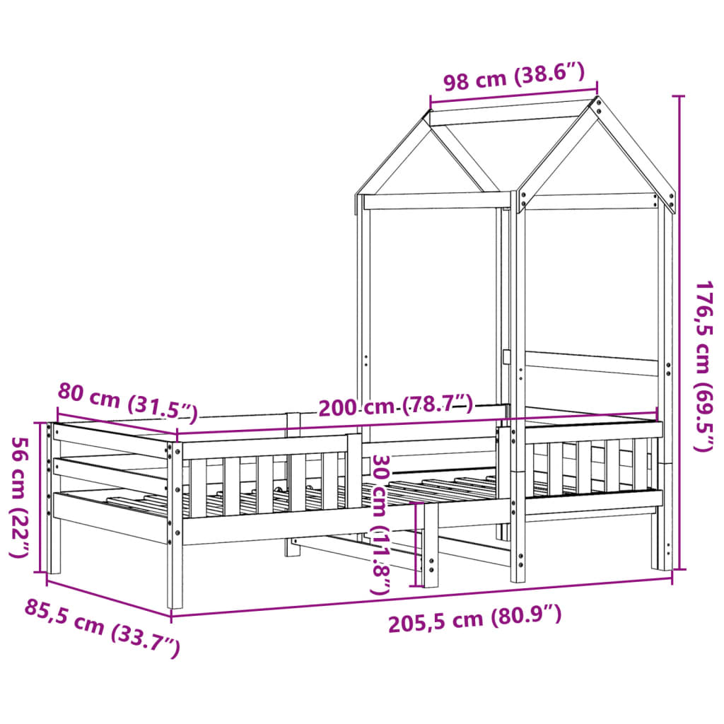 Cadre de lit avec toit sans matelas cire marron 80x200 cm