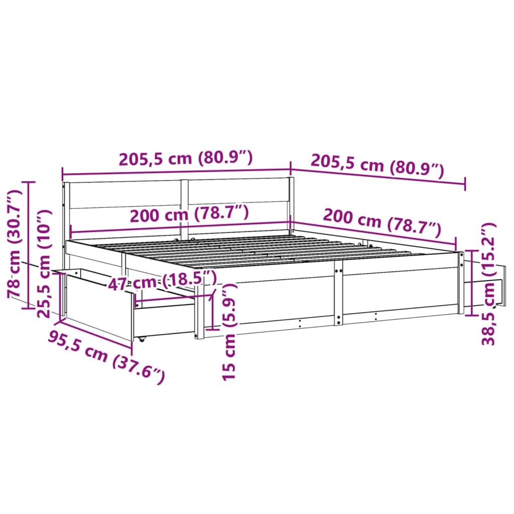 Cadre de lit sans matelas blanc 200x200 cm bois massif de pin