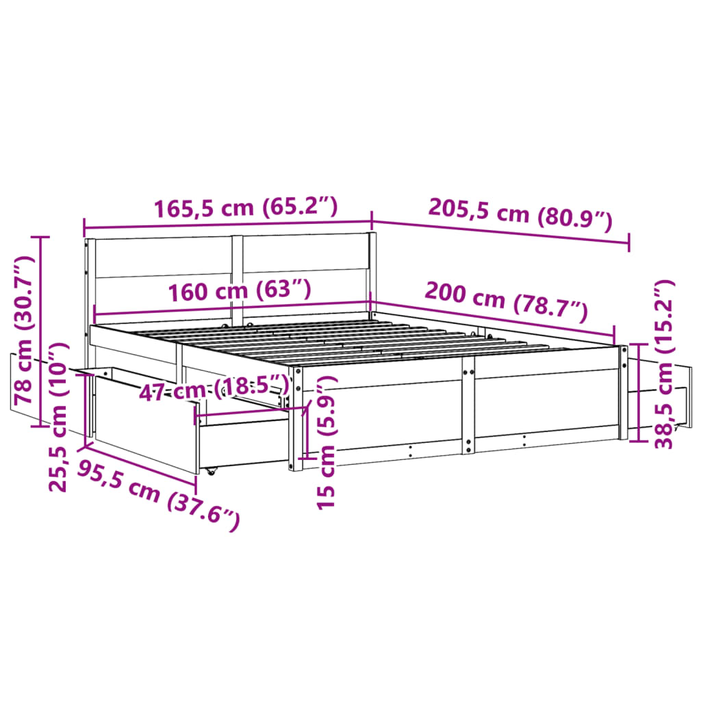 Cadre de lit sans matelas 160x200 cm bois massif de pin