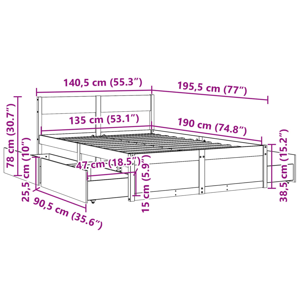 Cadre de lit sans matelas cire marron 135x190cm bois pin massif