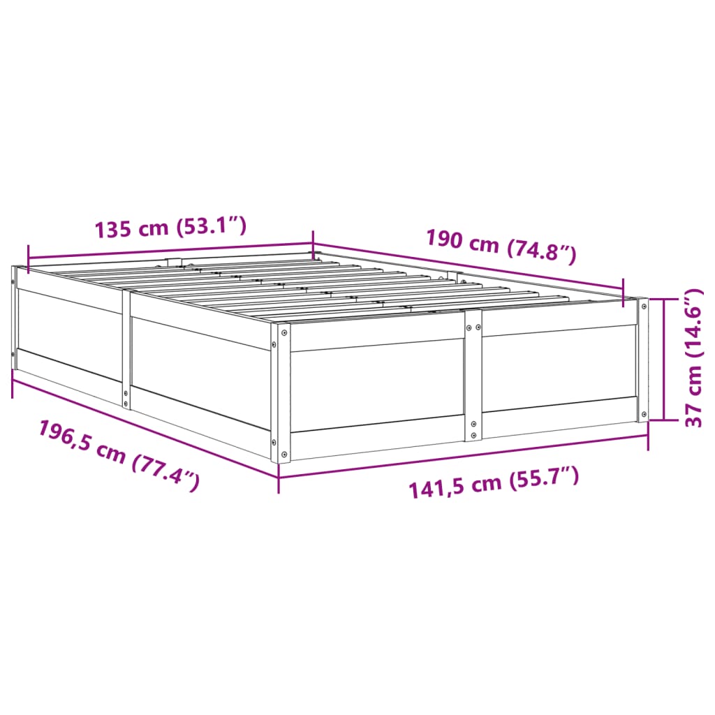 Cadre de lit sans matelas cire marron 135x190cm bois pin massif