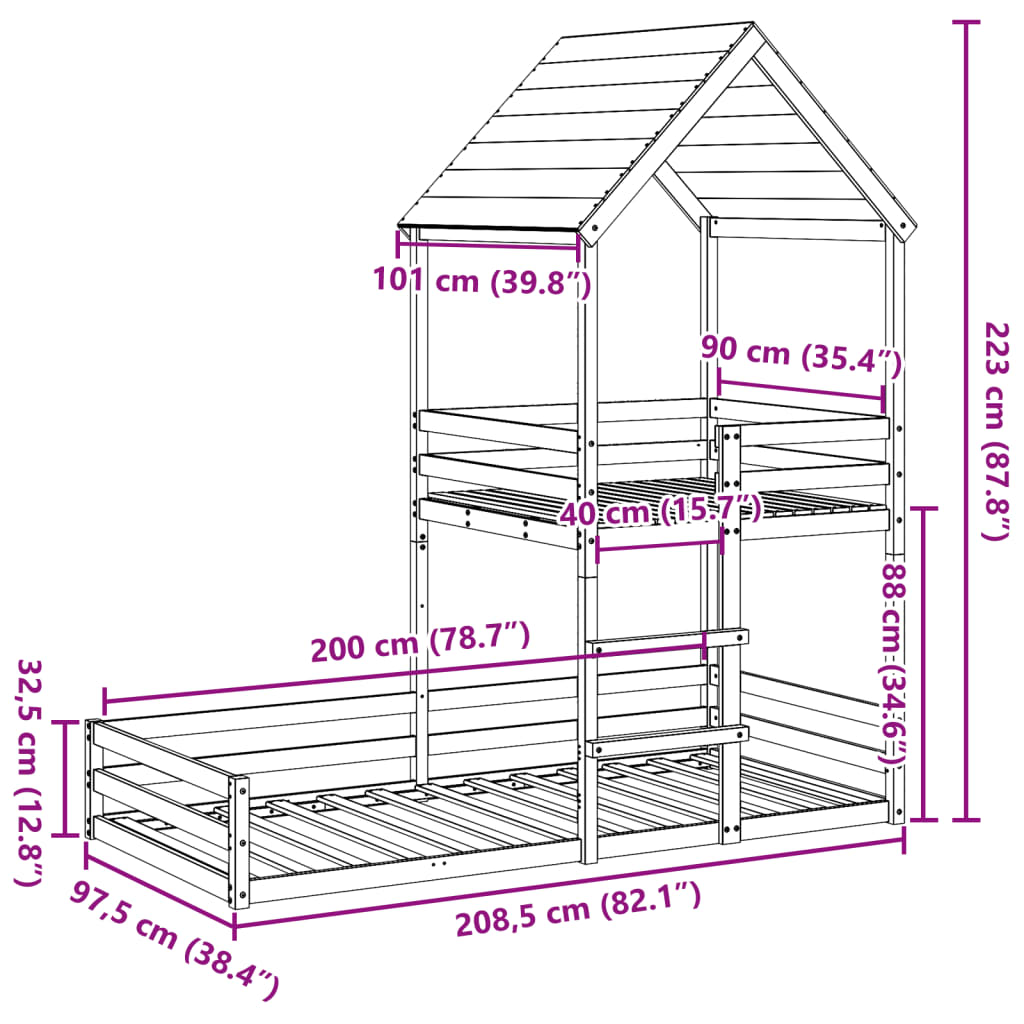 Lit superposé sans matelas 90x200 cm bois de pin massif