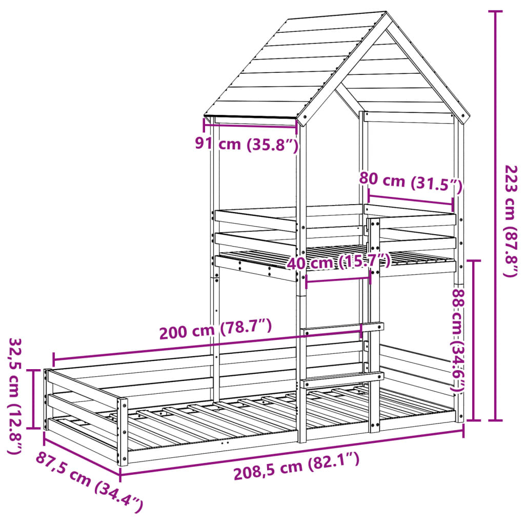 Lit superposé sans matelas 80x200 cm bois de pin massif