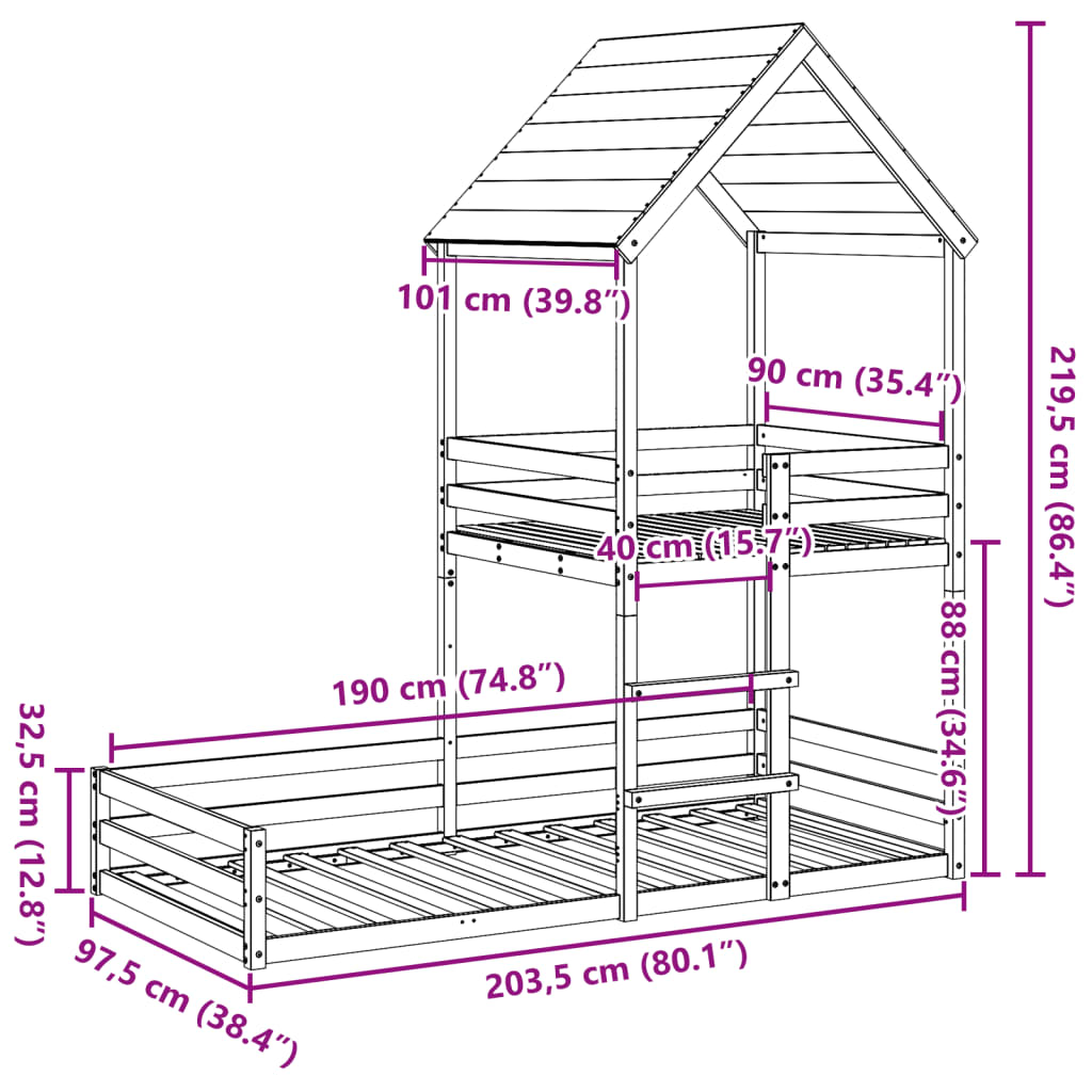 Lit superposé sans matelas blanc 90x190 cm bois de pin massif