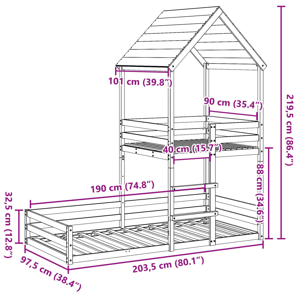 Lit superposé sans matelas cire marron 90x190 cm pin massif