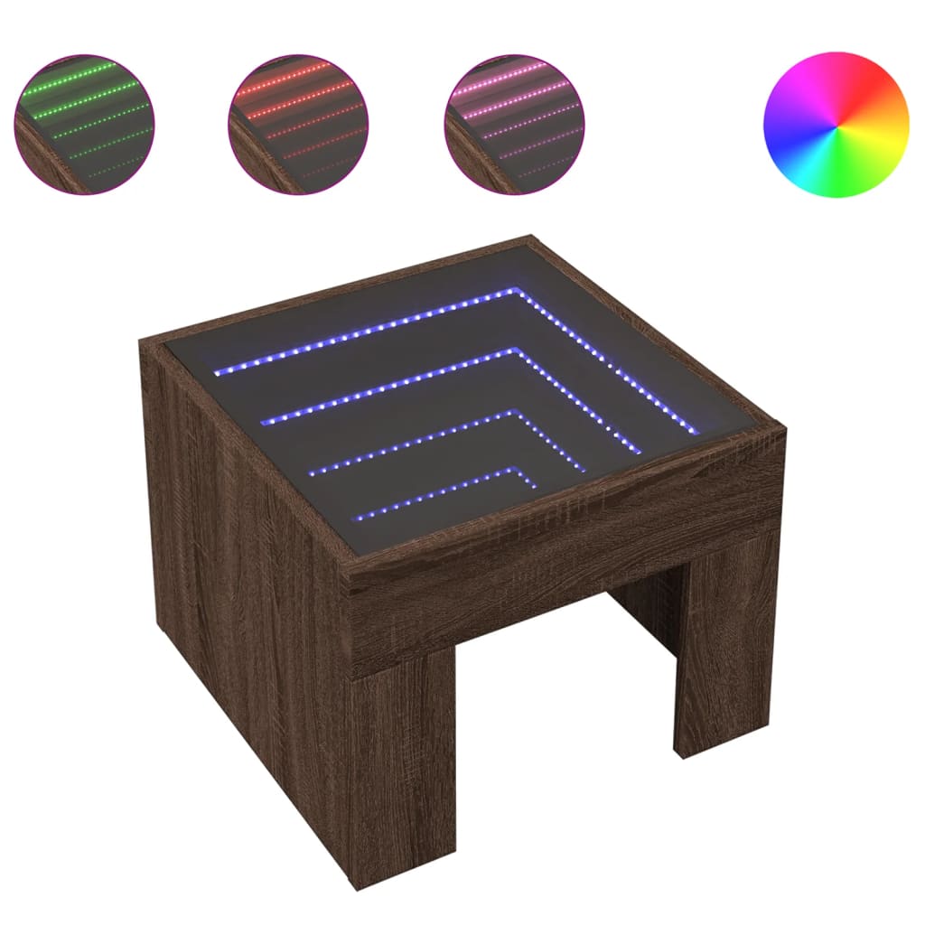 Table basse avec LED infini chêne marron 40x40x30 cm