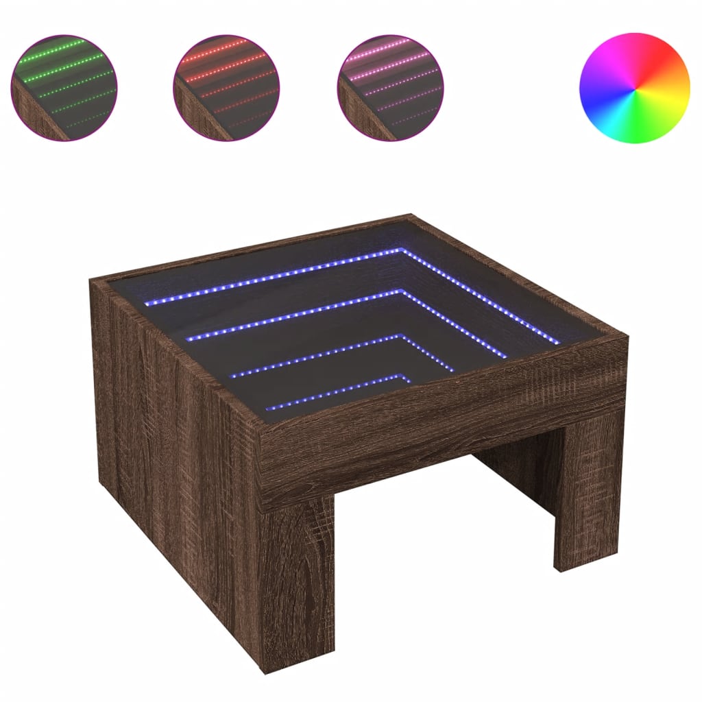 Table basse avec LED infini chêne marron 50x50x30 cm