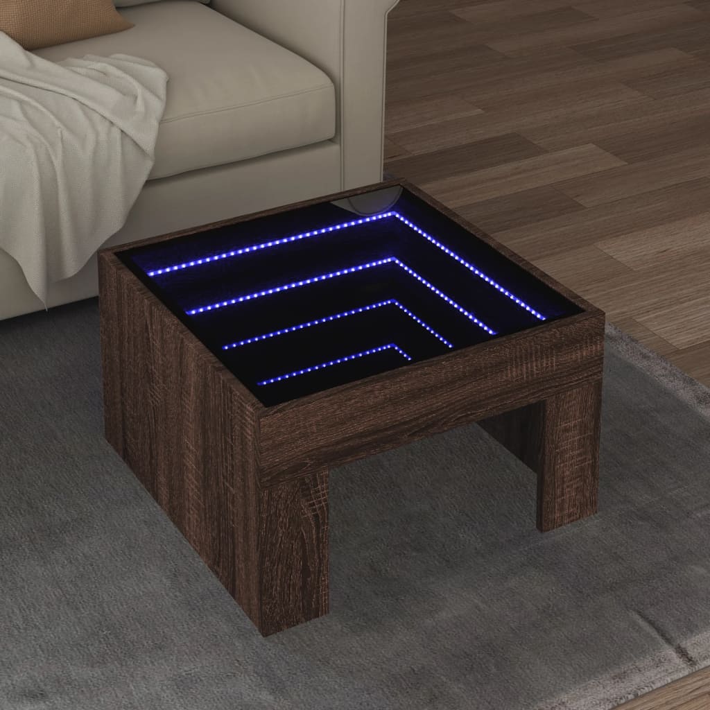 Table basse avec LED infini chêne marron 50x50x30 cm