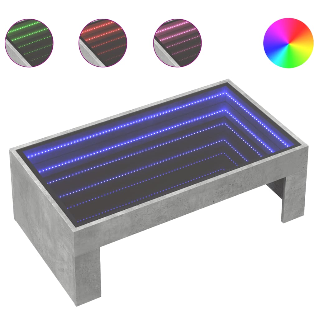 Coffee table with infinite LED concrete gray 90x50x30 cm