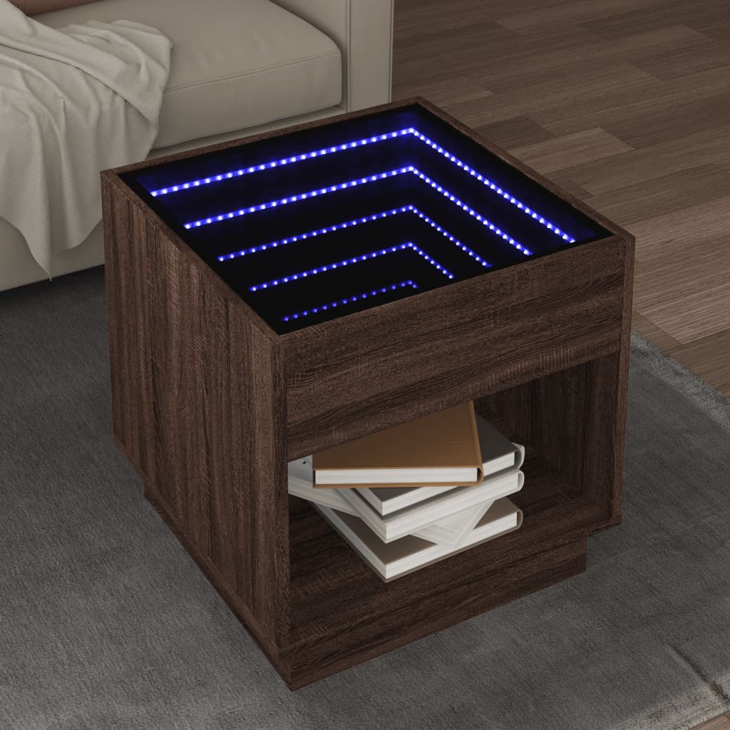 Table basse avec LED infini chêne marron 50x50x50 cm