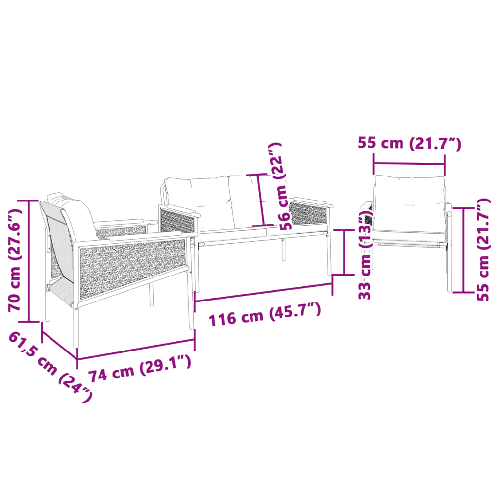 Ensemble de meubles de balcon avec coussins 3 pcs noir acier