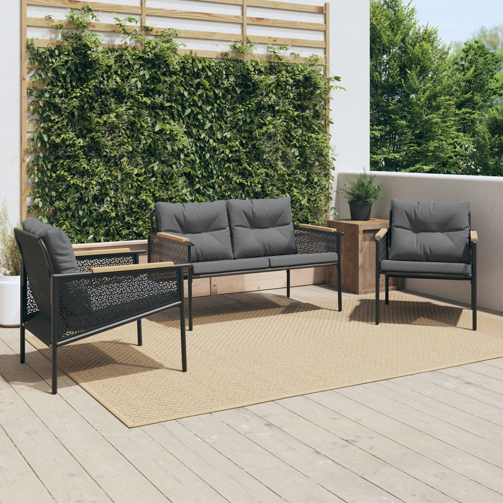 Ensemble de meubles de balcon avec coussins 3 pcs noir acier