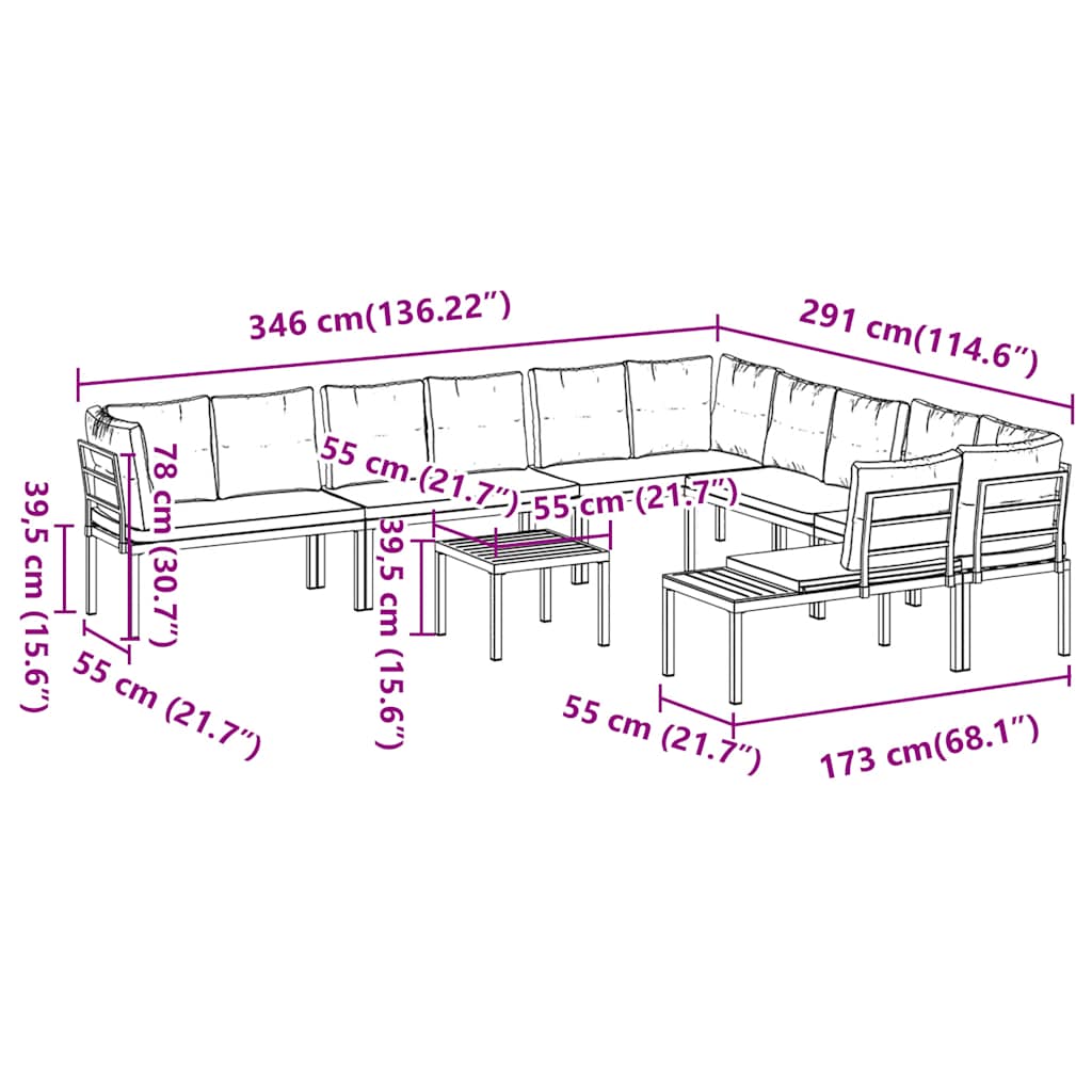 Salon de jardin avec coussins 7 pcs noir acier enduit de poudre