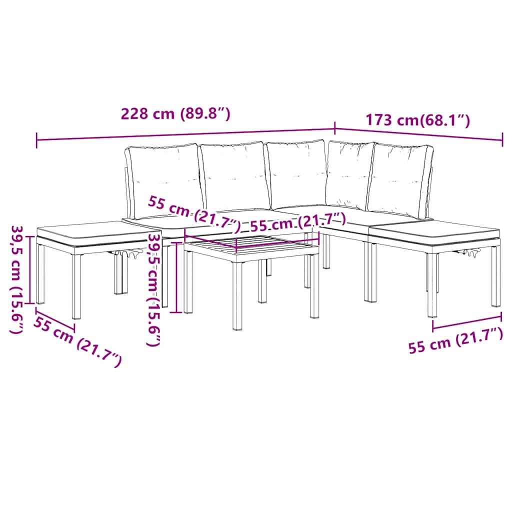 Salon de jardin avec coussins 5 pcs noir acier enduit de poudre