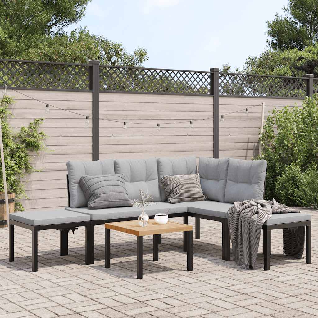 Salon de jardin avec coussins 5 pcs noir acier enduit de poudre