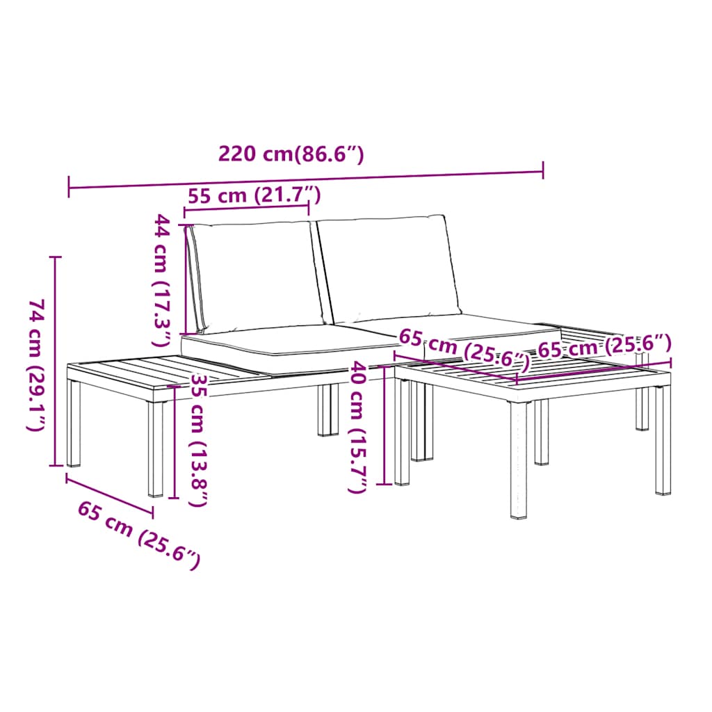 Salon de jardin 3 pcs avec coussins noir aluminium