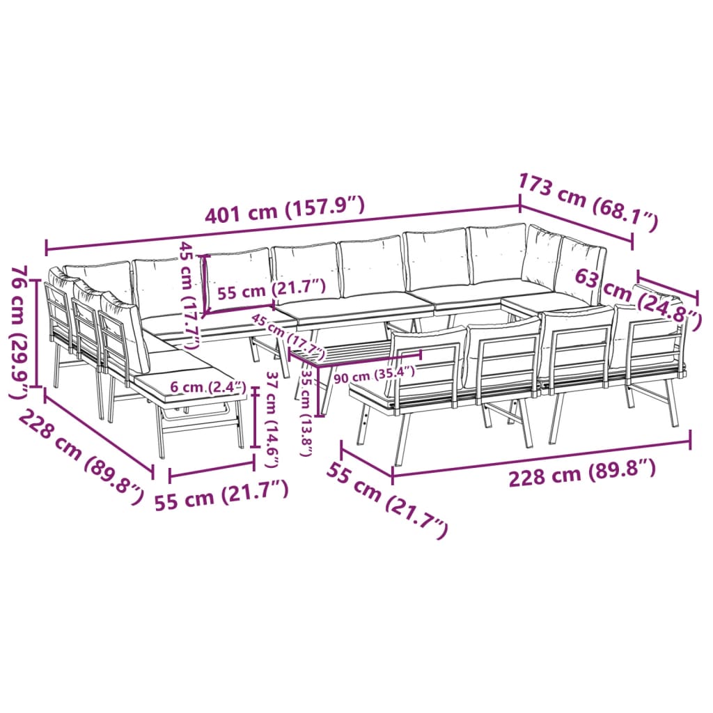 Ensemble de bancs de jardin avec coussins 9 pcs noir