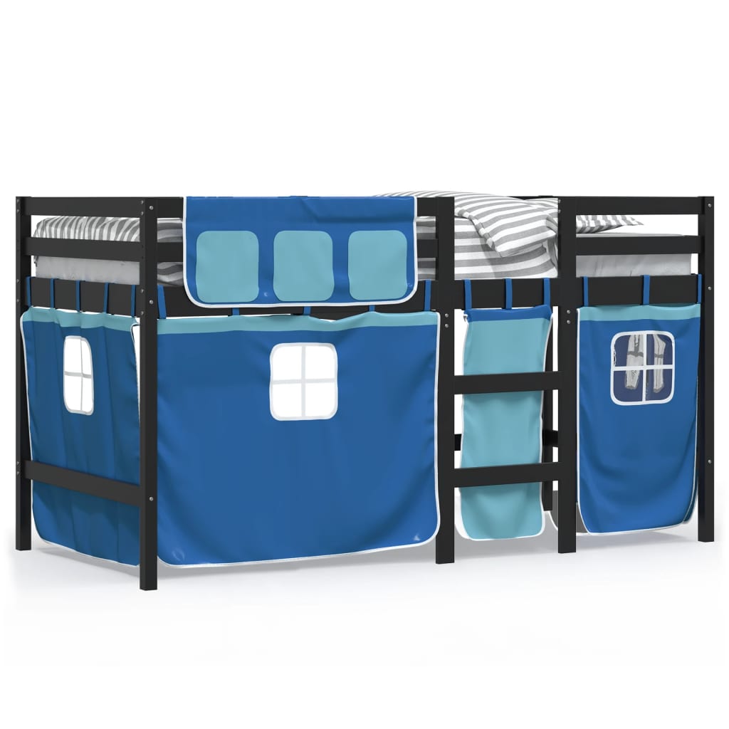 Lit mezzanine enfants avec rideaux sans matelas bleu 80x200cm