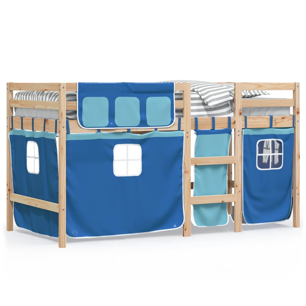 Lit mezzanine enfants avec rideaux sans matelas bleu 90x200cm