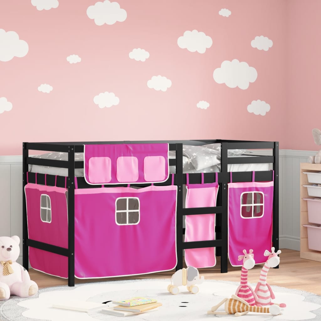 Lit mezzanine enfants avec rideaux sans matelas rose 90x200cm