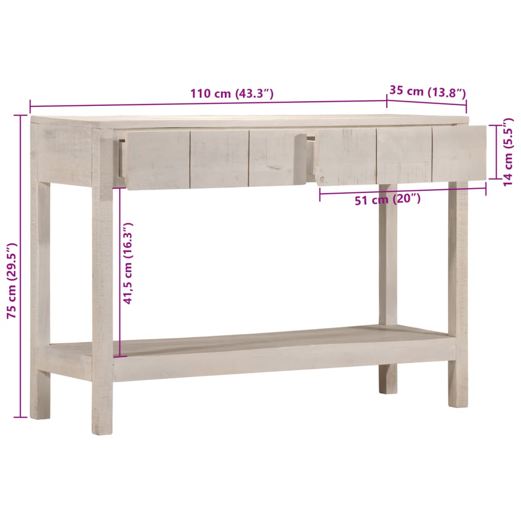 Table console blanc 110x35x75 cm bois de manguier solide