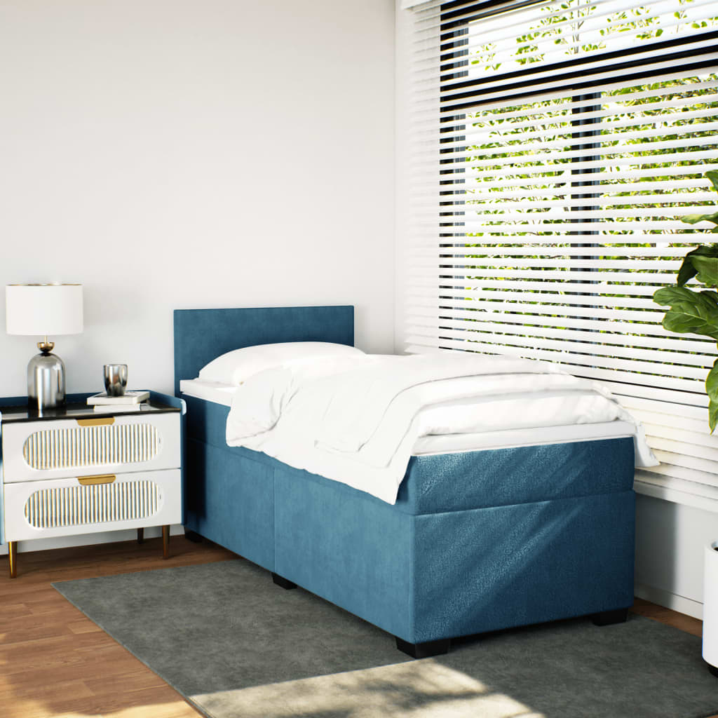 Slatted bed base with blue mattress 90x190 cm velvet