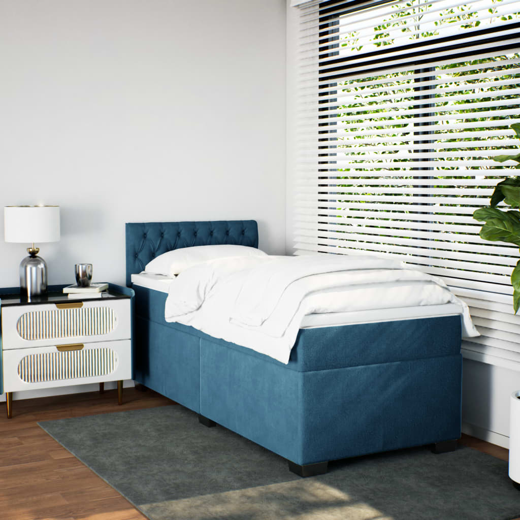 Slatted bed base with blue mattress 90x190 cm velvet