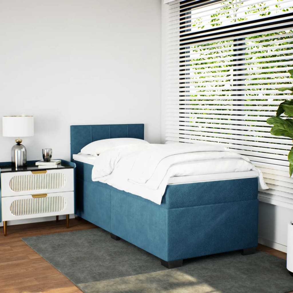 Slatted bed base with blue mattress 90x190 cm velvet