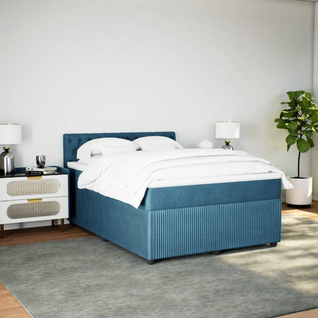 Slatted bed base and blue mattress 140x190 cm velvet