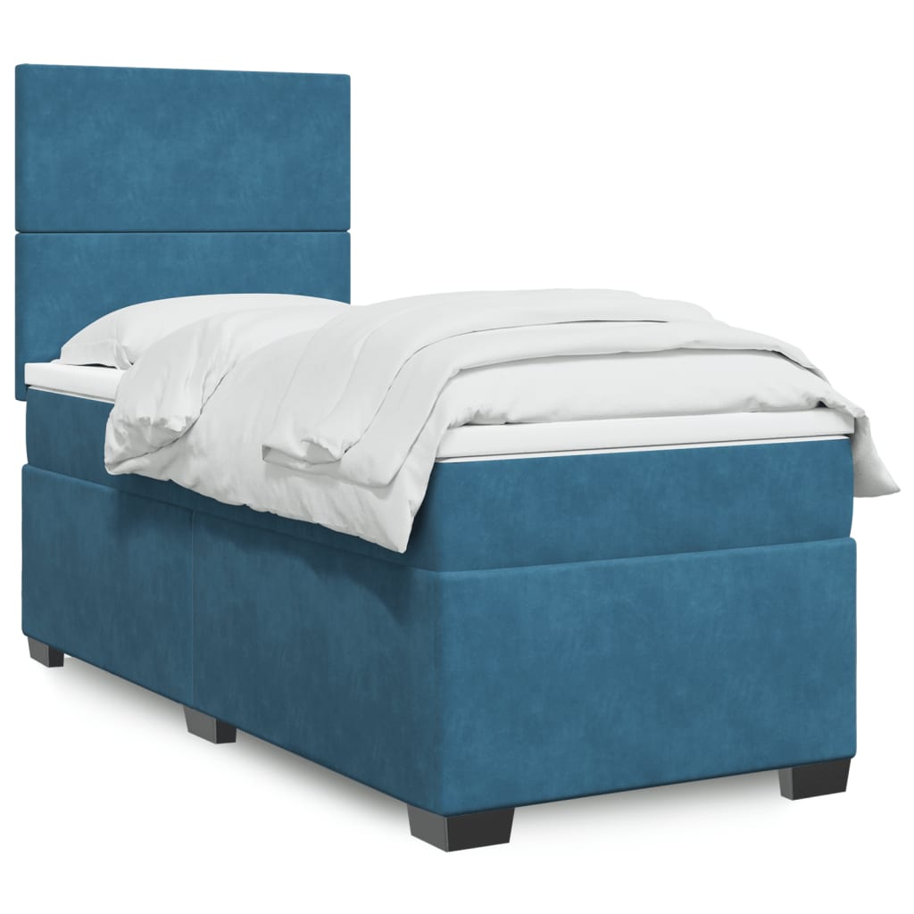 Slatted bed base with blue mattress 90x190 cm velvet