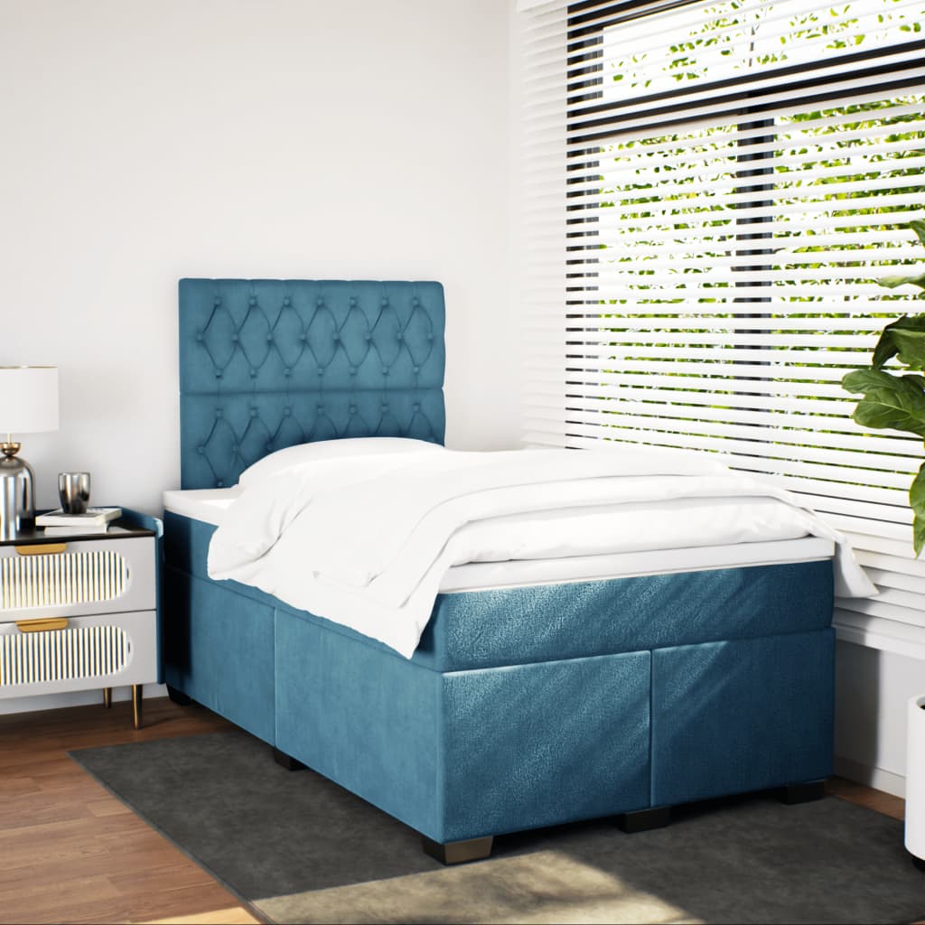 Slatted bed base and blue mattress 120x200 cm velvet