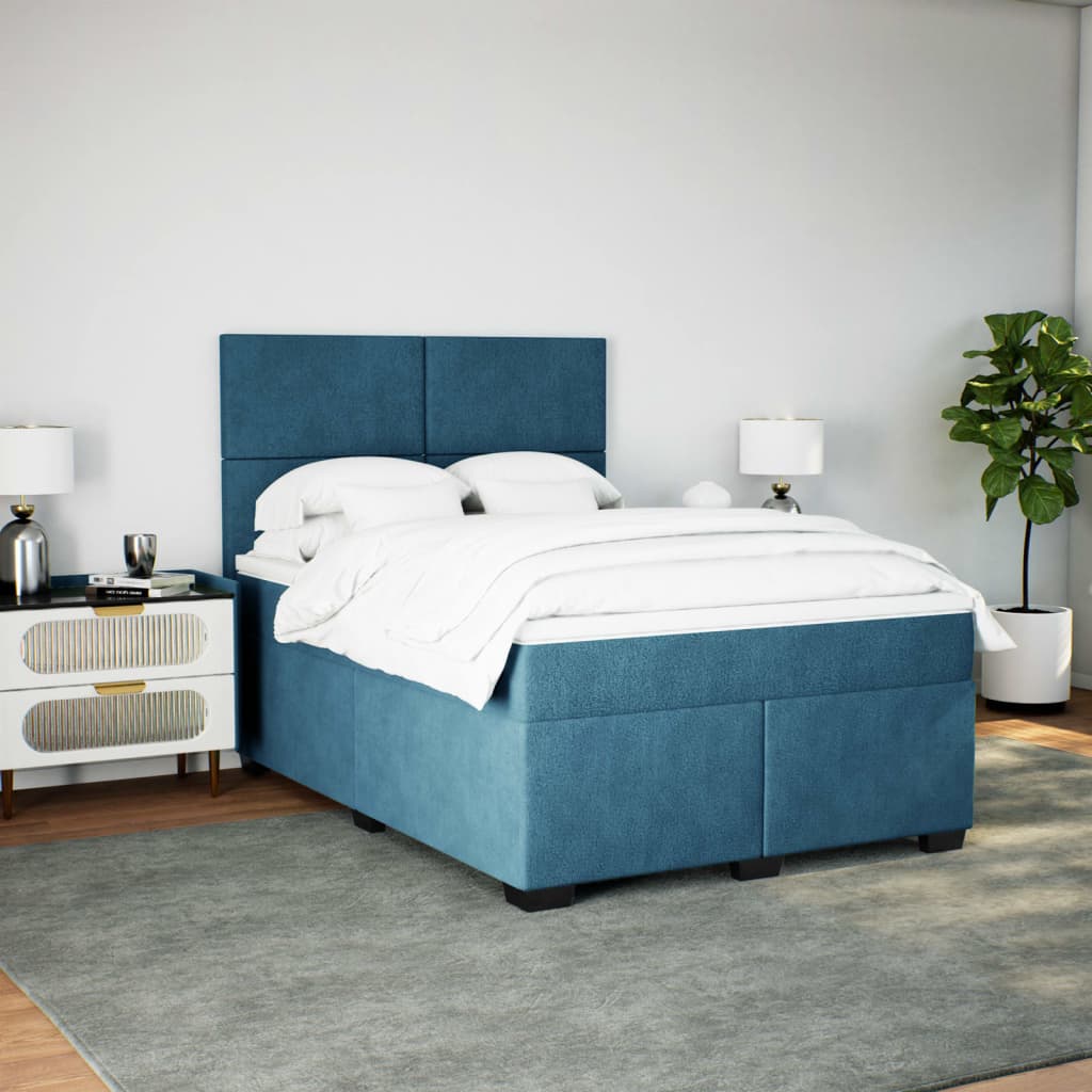 Slatted bed base and blue mattress 140x200 cm velvet