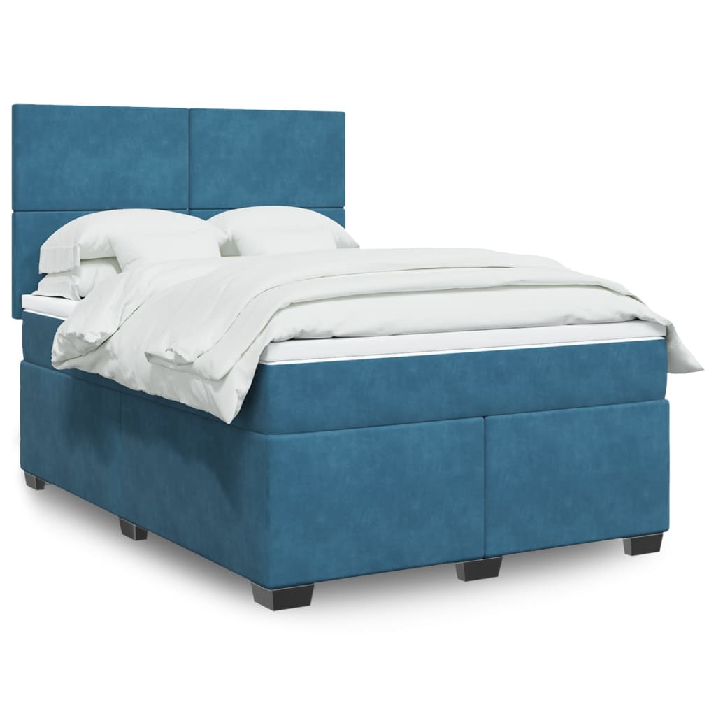 Slatted bed base and blue mattress 140x200 cm velvet