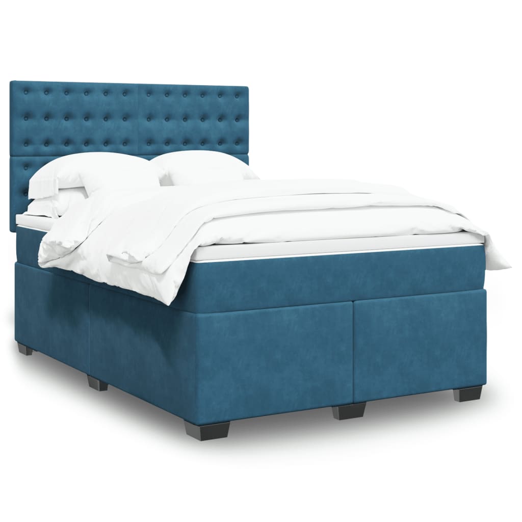 Slatted bed base and blue mattress 140x190 cm velvet