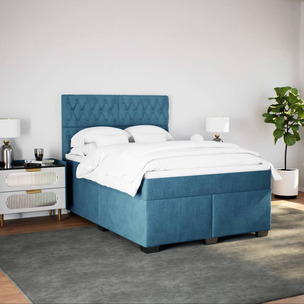 Slatted bed base and blue mattress 140x200 cm velvet