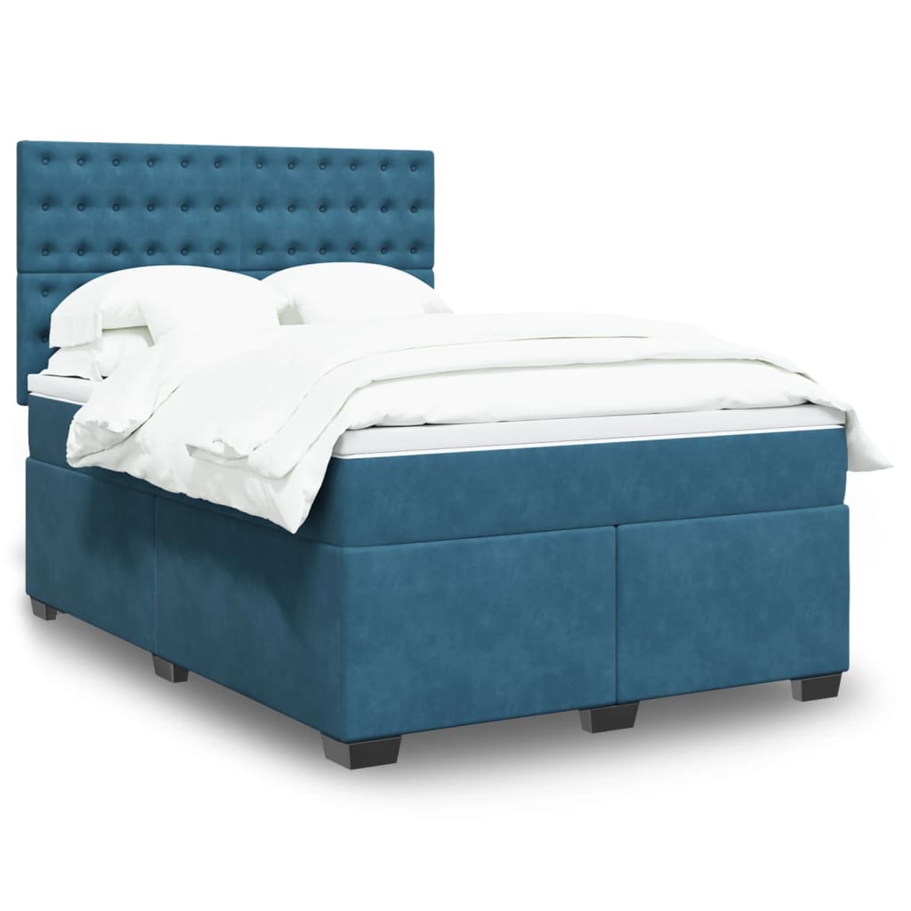 Slatted bed base and blue mattress 140x200 cm velvet