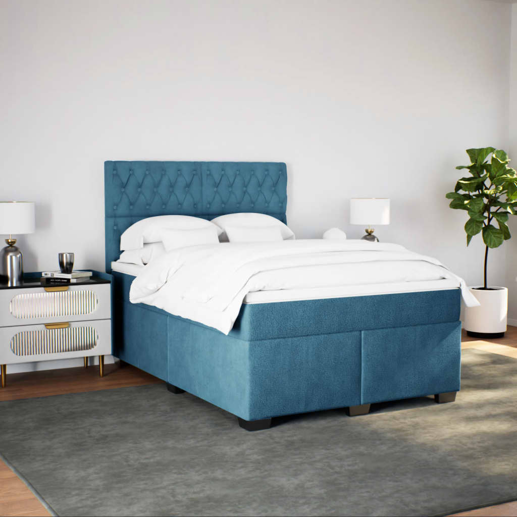 Slatted bed base and blue mattress 160x200 cm velvet