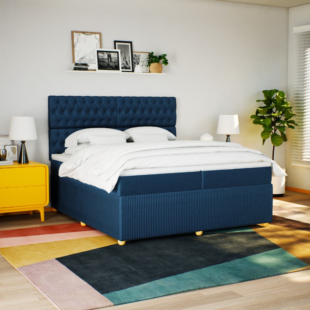 Slatted bed base with mattress Blue 200x200 cm Fabric