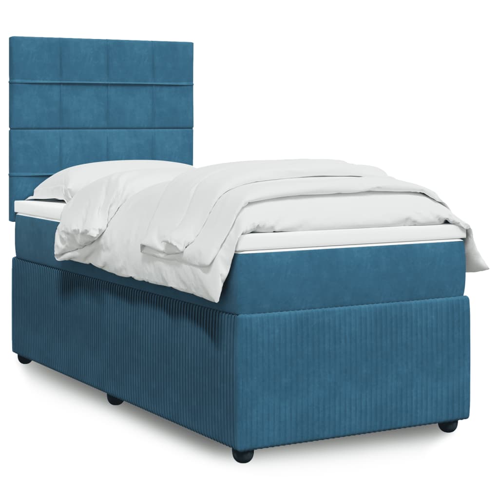 Slatted bed base with blue mattress 90x190 cm velvet