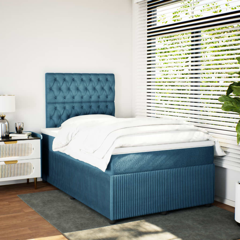 Slatted bed base and blue mattress 120x190 cm velvet