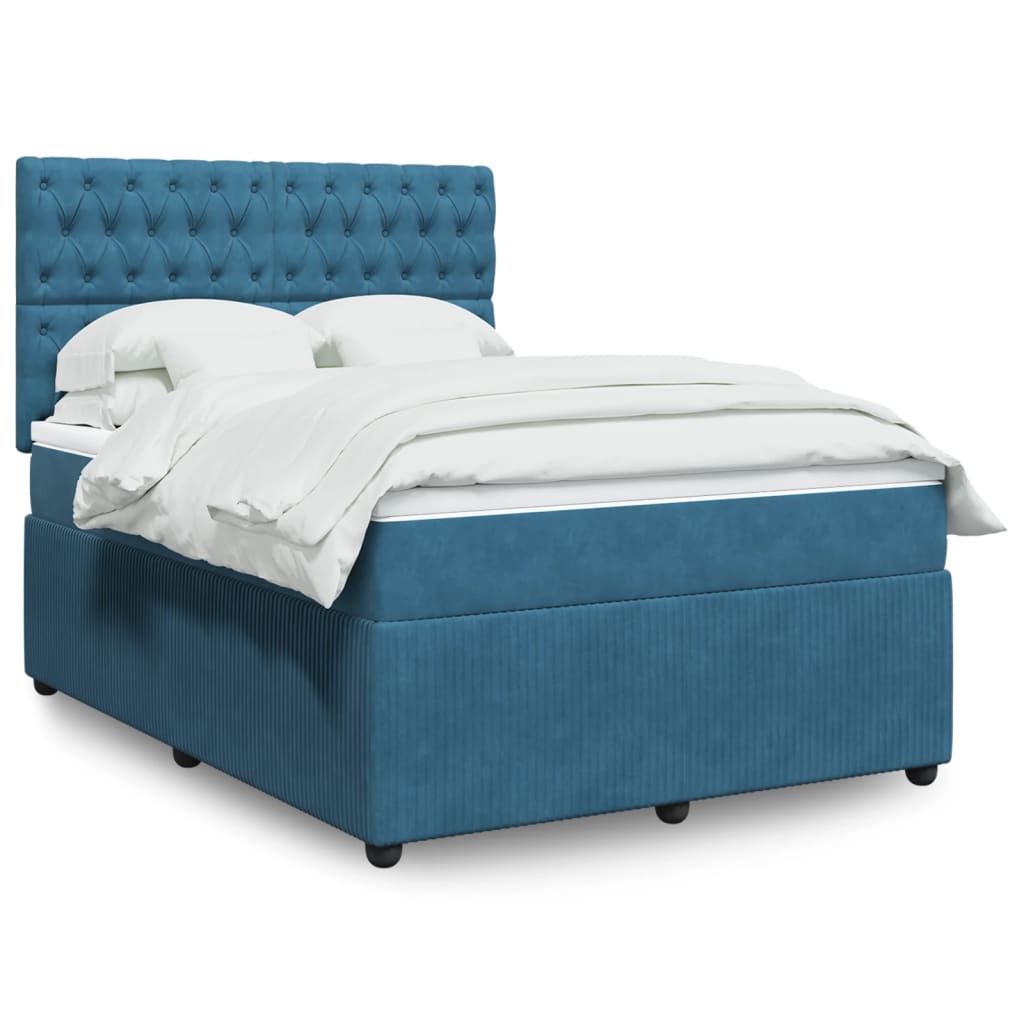 Slatted bed base and blue mattress 140x190 cm velvet