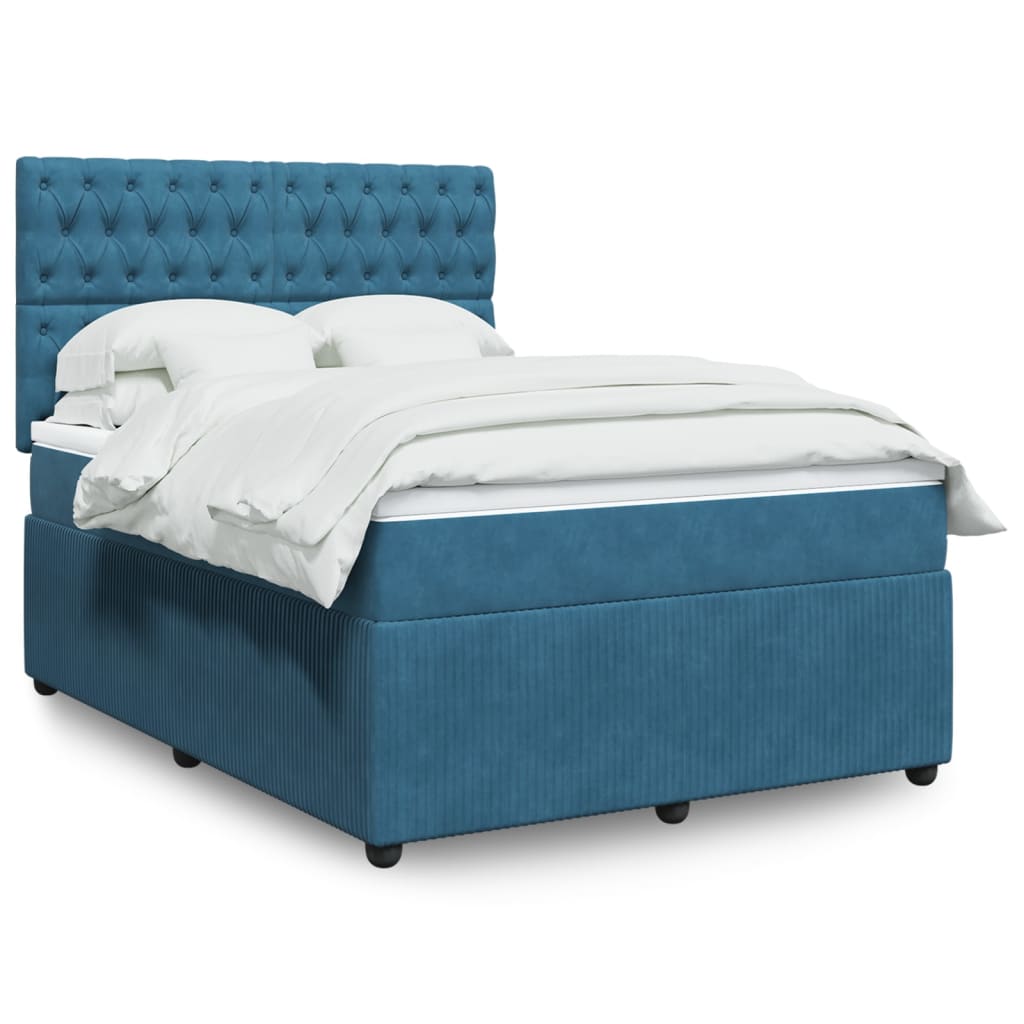 Slatted bed base and blue mattress 140x200 cm velvet